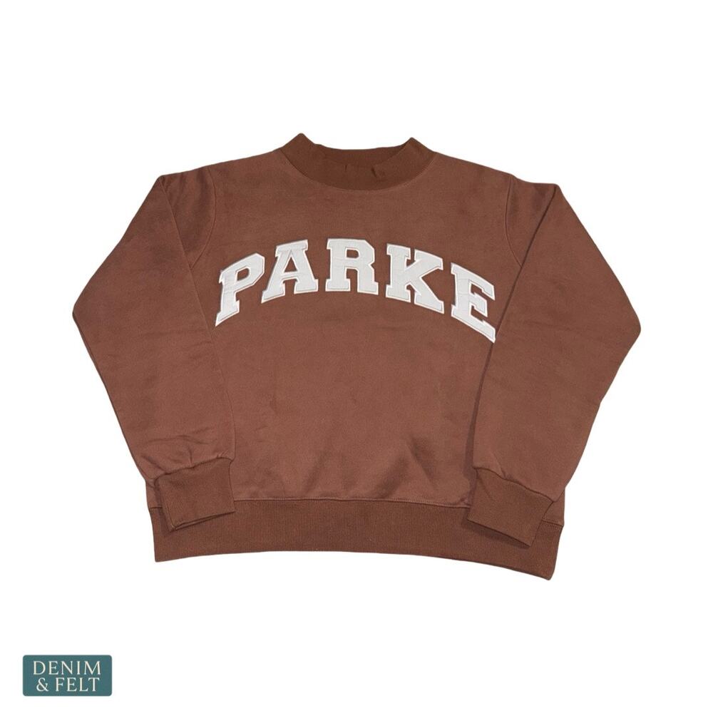 NEW Parke Varsity Mockneck Sweatshirt Brown Oversized Fleece Cozy Lounge Viral - Picture 10 of 16